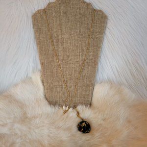 VINtage Abstract Metallic Foil‎ Clear Glass Medallion Pendant Necklace 11686